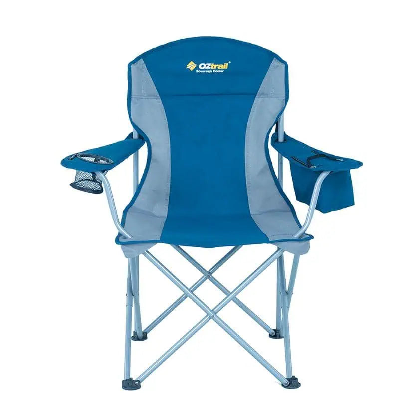 A front-facing profile of the blue and grey Sovereign Cooler Arm Chair, showcasing its wide padded seat, sturdy folding frame, and integrated armrest storage