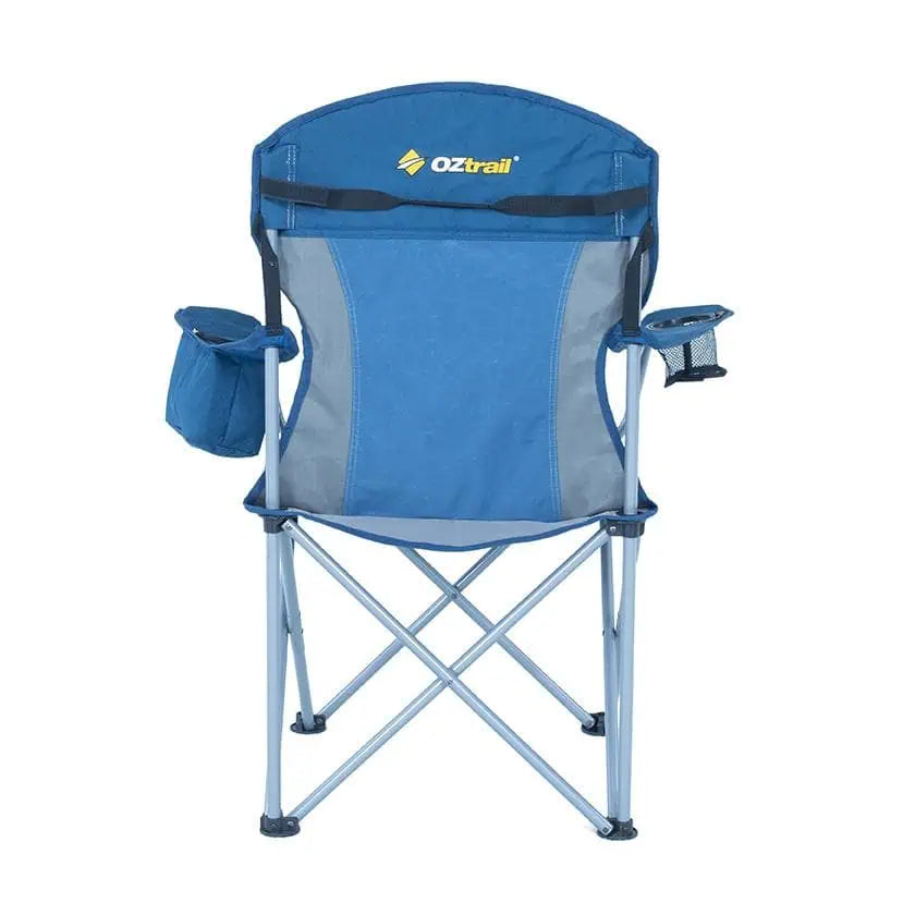 The rear view of the OZtrail Sovereign Cooler Arm Chair, featuring a grey steel cross-braced frame, tension straps, and the official OZtrail Sovereign Cooler branding on the headrest