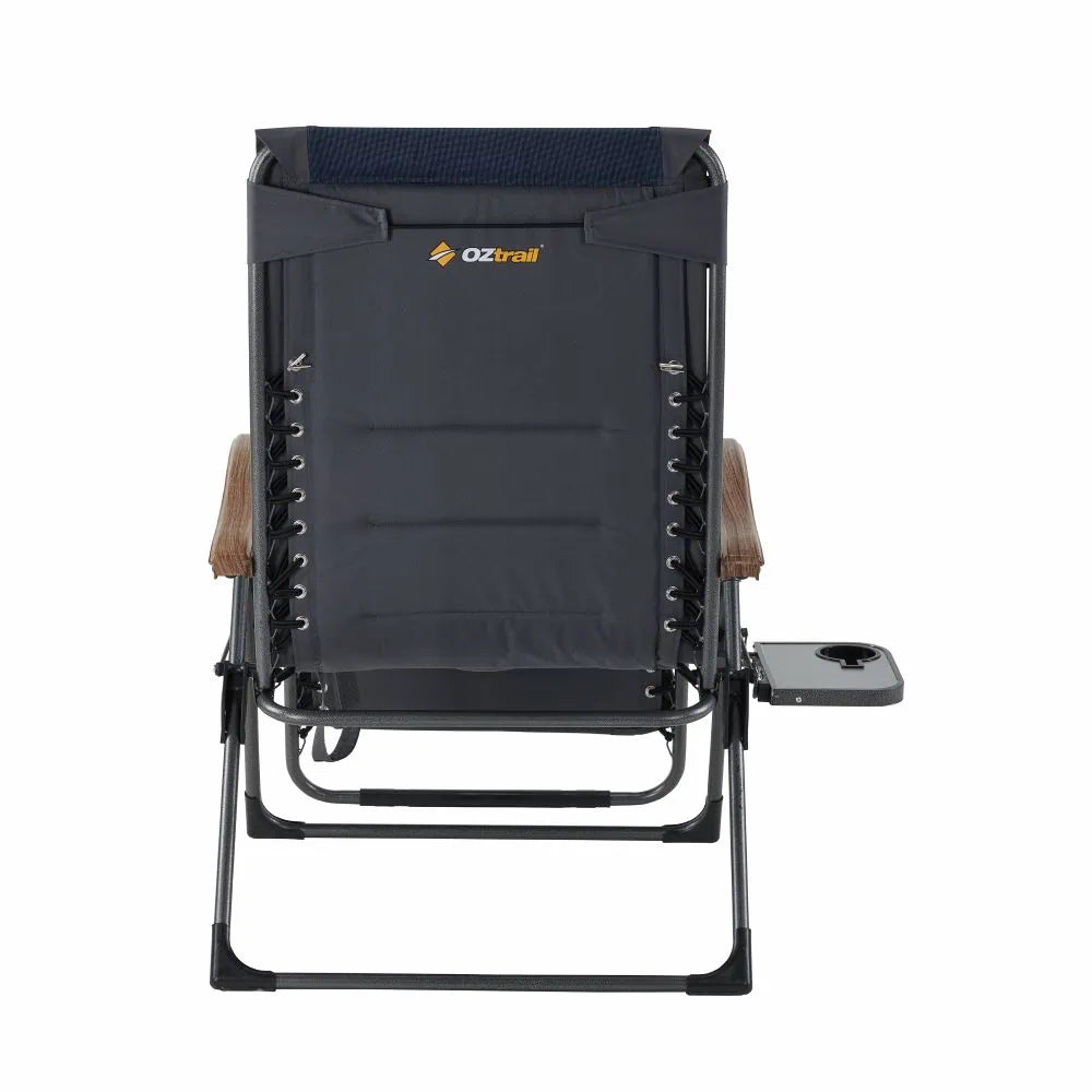 The rear view of the OZtrail Sun Lounge Jumbo highlighting the heavy-duty bungee cord lacing system that connects the fabric to the steel frame for flexible support