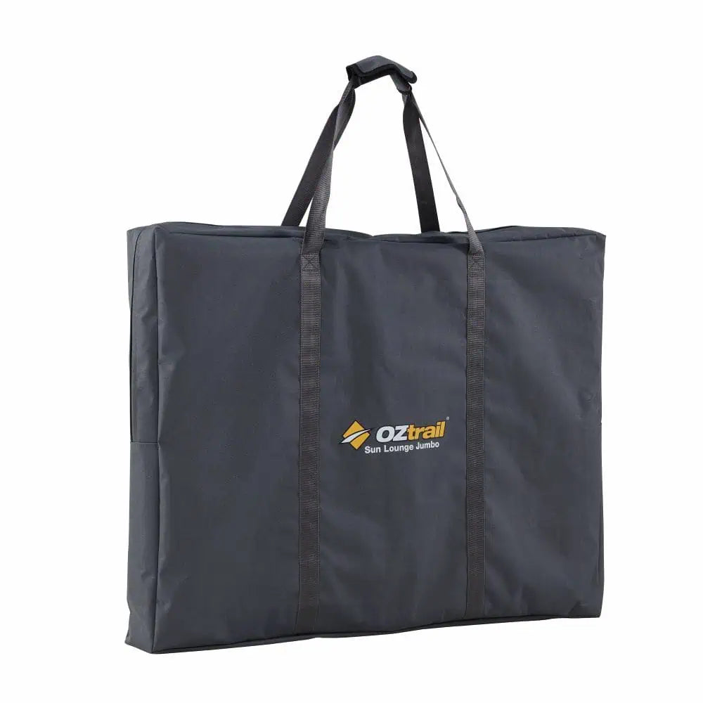 A large black branded carry bag with the OZtrail Sun Lounge Jumbo logo, designed for easy transport and storage.