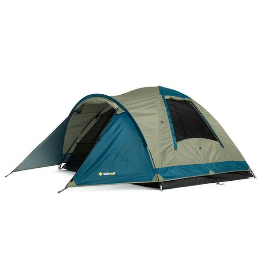 Two-person OZtrail Tasman 3V Dome Tent with green and gray color scheme on a white background