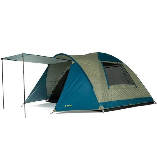 The OZtrail Tasman 6V dome tent featuring a spacious interior and a large front awning setup for family camping