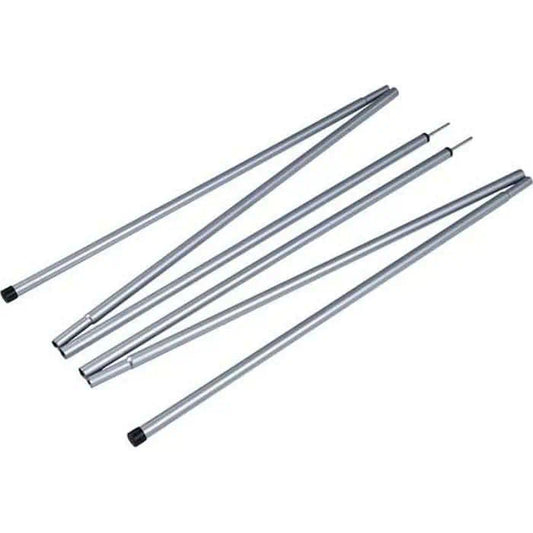 A set of four silver adjustable steel awning poles with black plastic end caps for camping setups
