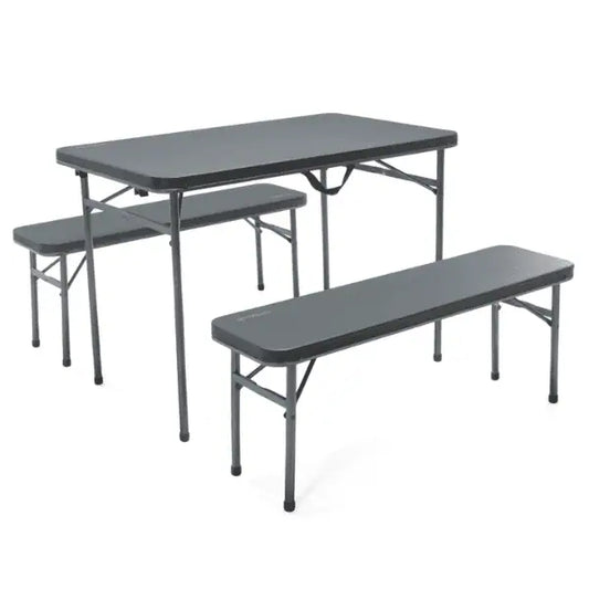 A portable dark grey Outwell folding table set featuring one rectangular dining table and two matching benches, ideal for camping and outdoor activities.