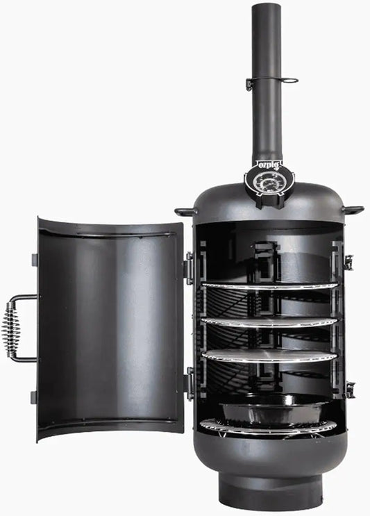 The open door of a black Ozpig Wood Oven Smoker reveals four internal wire cooking racks and a bottom drip pan for versatile outdoor smoking.