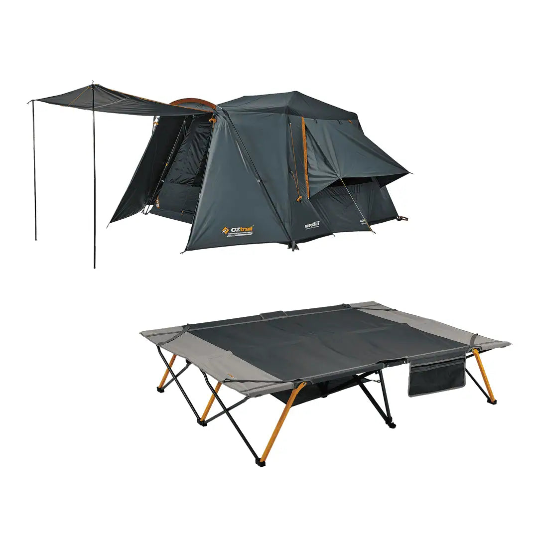 Oztrail camping tent with awning and a folding camp stretcher bed on a white background.