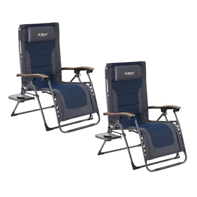 Two Oztrail reclining sun lounge camping chairs with cup holders on a white background.