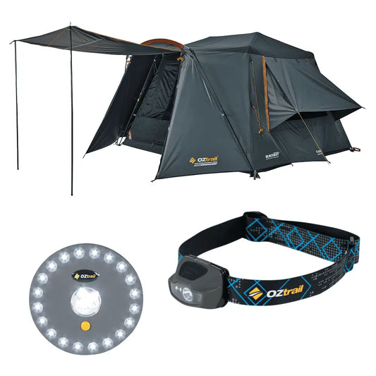 Oztrail camping tent with LED lantern and Oztrail headlamp on a white background