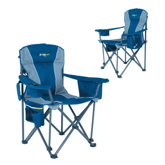 Two Oztrail blue folding camping chairs with armrests and cooler pockets on a white background.