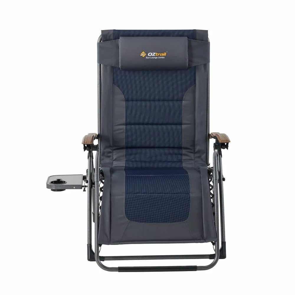 Front-facing view of the OZtrail Sun Lounge Jumbo showing the wide padded seating area, adjustable headrest with branding, and a side table with a cup holder