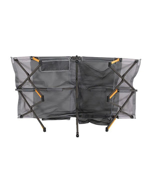 A view of the underside of the queen easy fold stretcher highlighting the yellow and black cross-braced frame and the unfolding mechanism