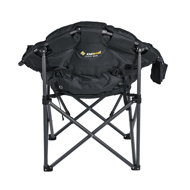 The back of the Roamer Moon Chair showing the heavy-duty frame construction and the "OZtrail Roamer Moon" branding on the black fabric