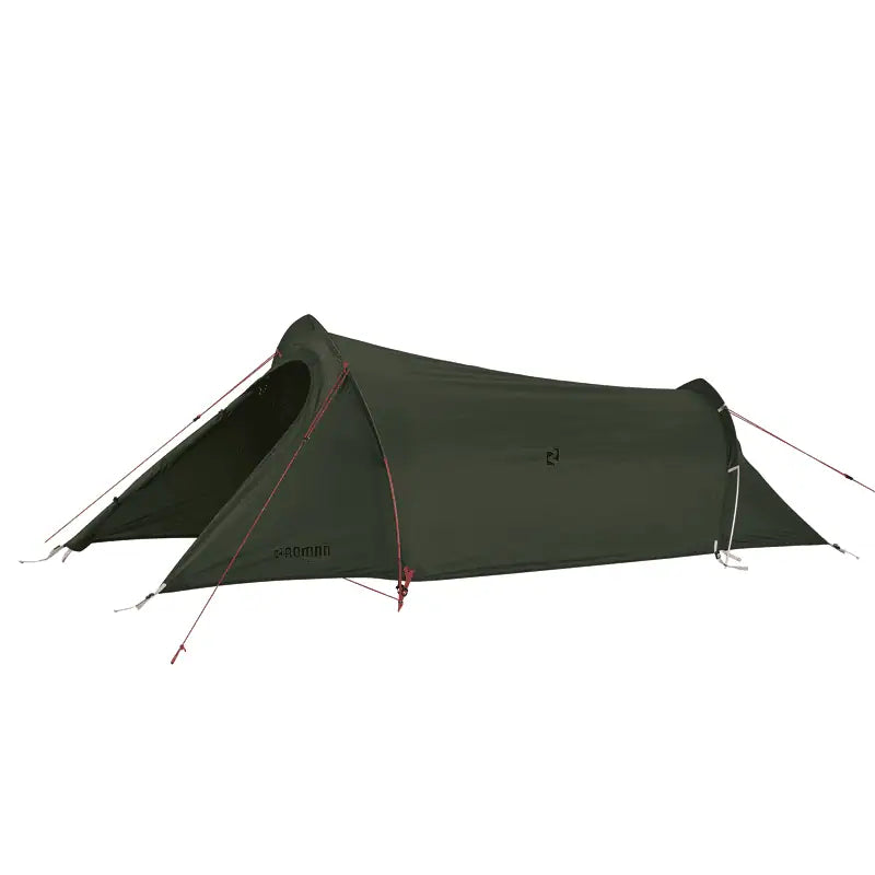A full side view of a dark green, low-profile tunnel tent by Roman, designed for lightweight trekking and wind resistance.