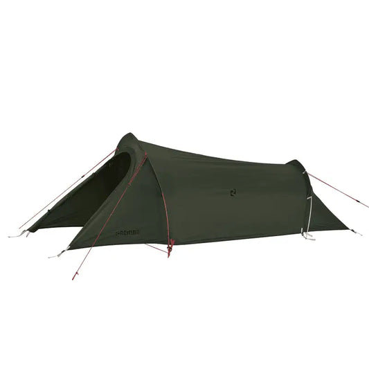 A full side view of a dark green, low-profile tunnel tent by Roman, designed for lightweight trekking and wind resistance.