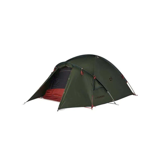 A front-angled view of a dark green, low-profile Roman hiking tent featuring high-visibility red tensioning lines and a stable aerodynamic dome structure.