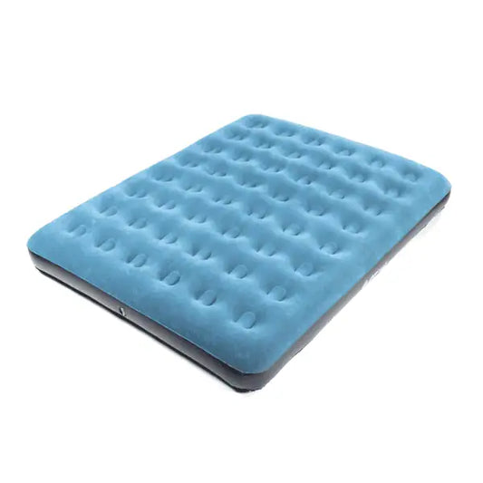 A blue flocked top inflatable air mattress with a dark base, suitable for camping or guest use